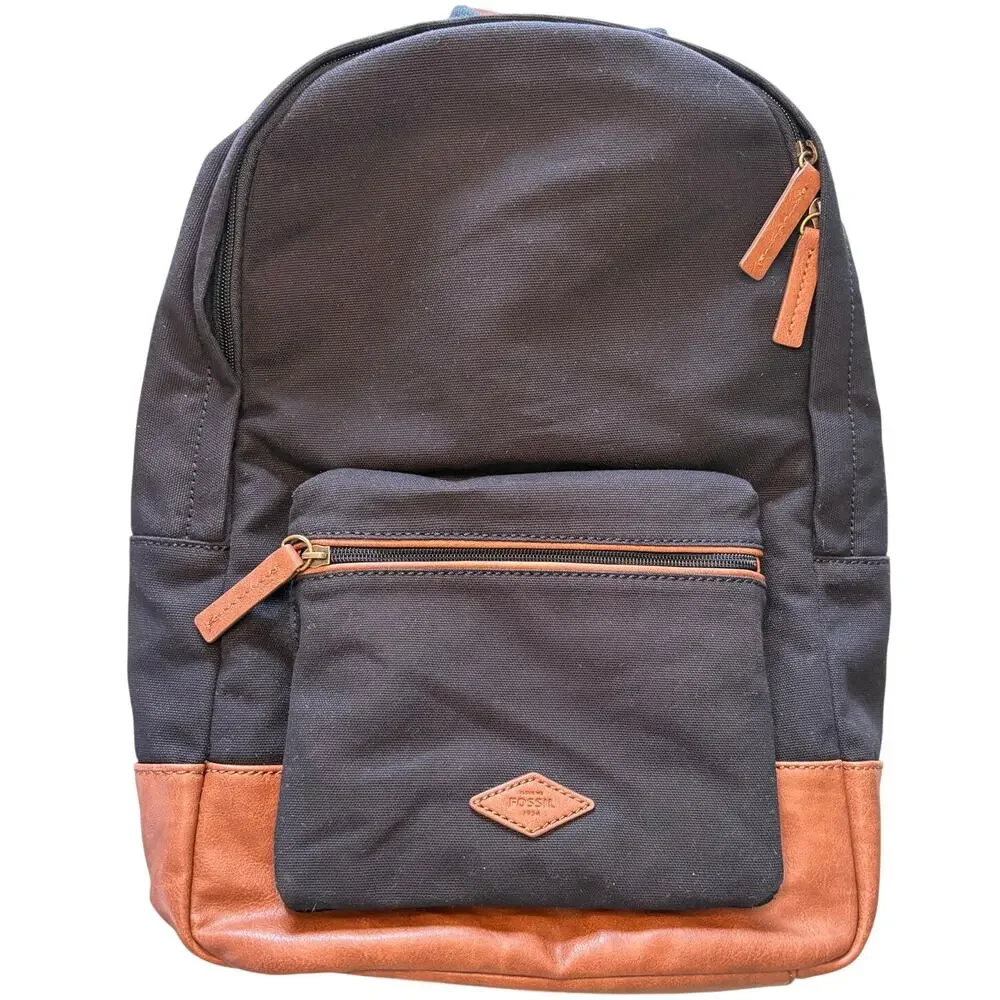 NWT Fossil Black Canvas & Brown Leather Classic Retro Vintage Backpack OS